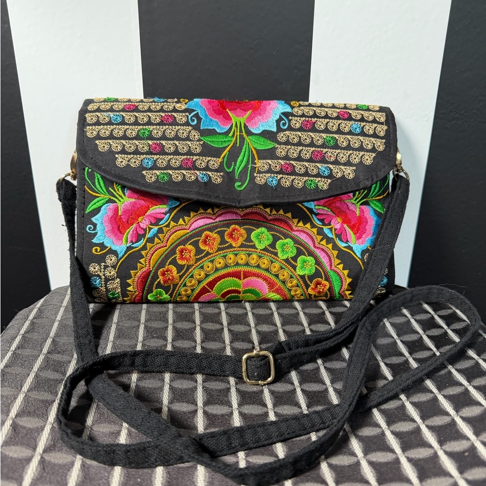 Embroidered Black Floral Crossbody Bag